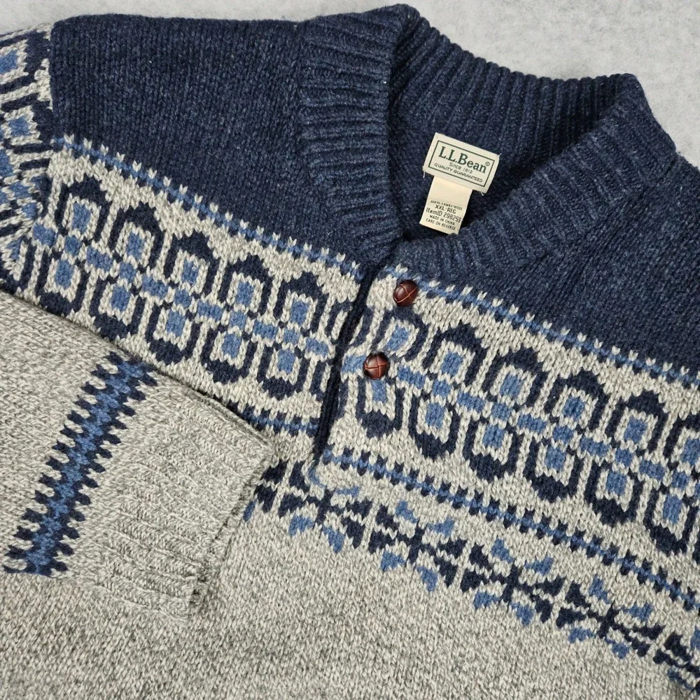 LL Bean (Men's XXL) Gray Blue Knit Sweater Fair Isle Lambswool Nordic Pullover